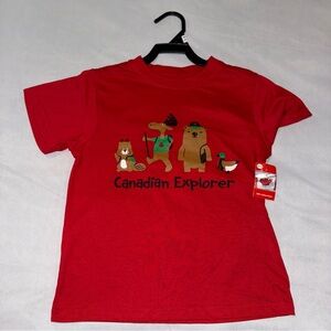 Canadian Explorer Kids T Shirt XS Canada Day Red Cartoon Beaver Moose Bear Goose